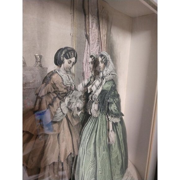 Antique Framed Victorian Style 3D Shadow Box Art With Two Women In Elegant Dress - Picture 3 of 7